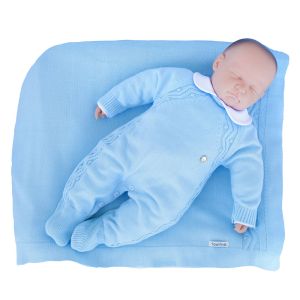 Saída de Maternidade Tamine 3 Peças Tricô Bolotas Azul Bebê