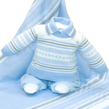 Saída de Maternidade Beth Bebê Matheus Tricô Luxo Azul Claro