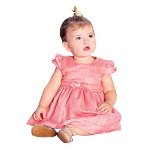 Vestido Infantil Paraiso Jacquard com Cinto de Cetim Coral Modelo