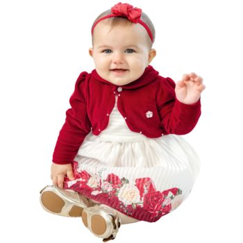 Vestido Infantil Paraiso Fitado com Bolero de Plush Vermelho