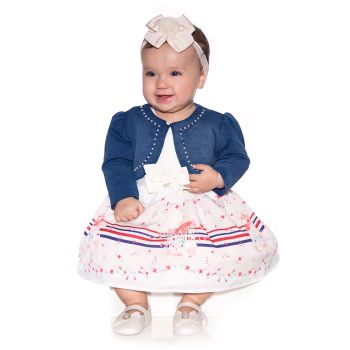 Vestido Infantil Paraiso Crepe Bolero Moletom Denim OffWhite