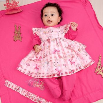 Saída de Maternidade Fofinho Malha com Vestido Paris Rosa Conjunto