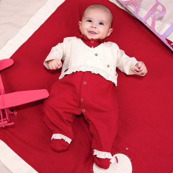 Saída de Maternidade Fofinho Malha Coração Heloísa Vermelho Conjunto