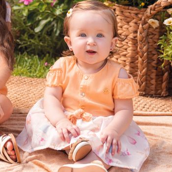 Vestido Baby Paraiso Sarja Leve e Saia em Organza Laranja