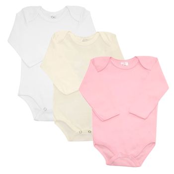 Kit 3 Bodies Estilinho Manga Longa Suedine Rosa Creme Branco