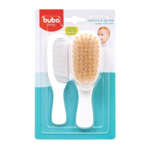 Kit Escova e Pente Buba Baby Cerdas Naturais e Macias Branco Embalagem