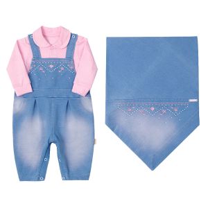 Saída de Maternidade Paraiso Malha Denim Bordada Rosa