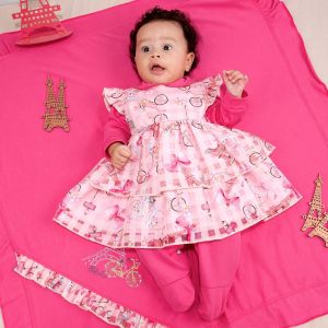 Saída de Maternidade Fofinho Malha com Vestido Paris Rosa Conjunto